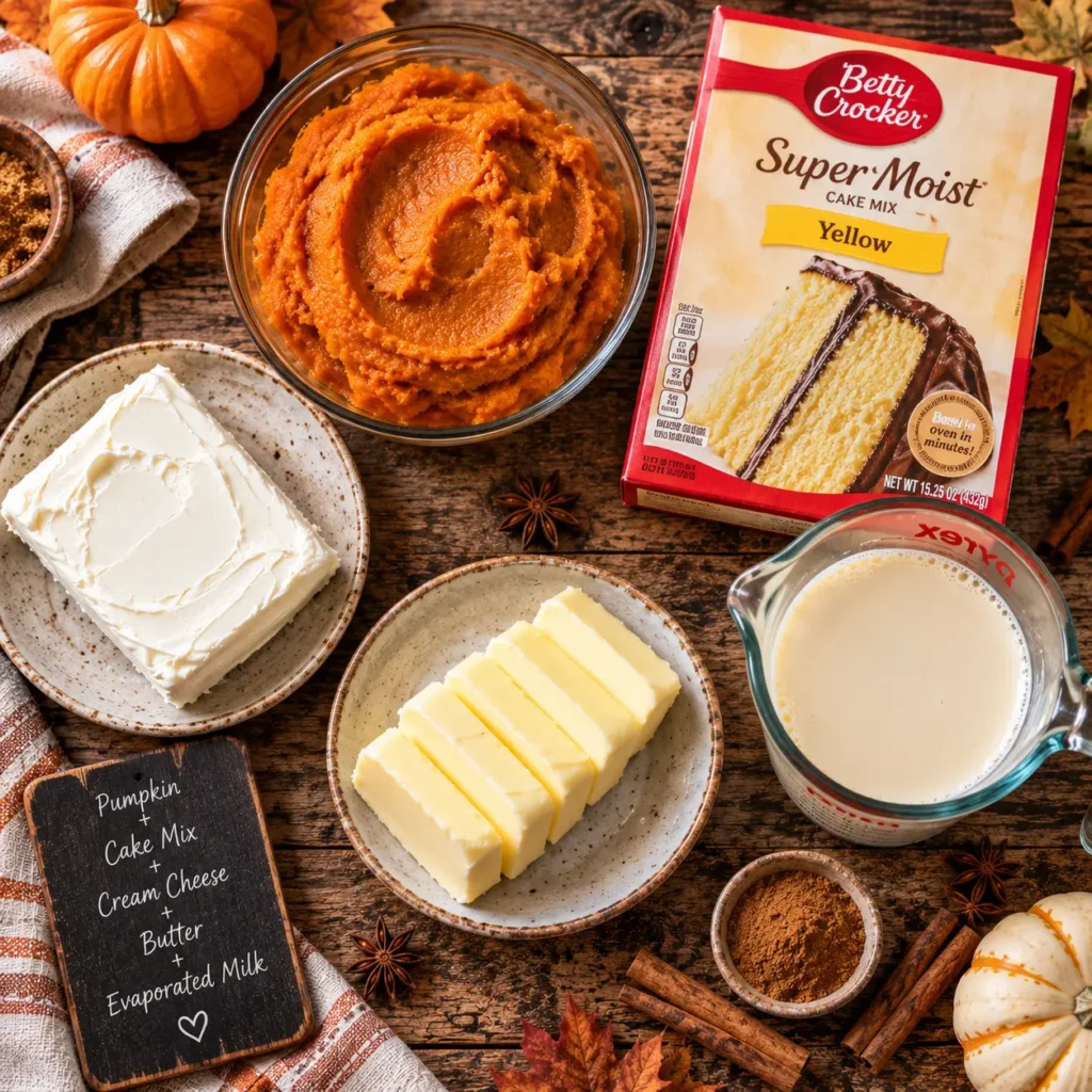 5-ingredient pumpkin dump cake ingredients for pumpkin dump cake including canned pumpkin yellow cake mix and cream cheese