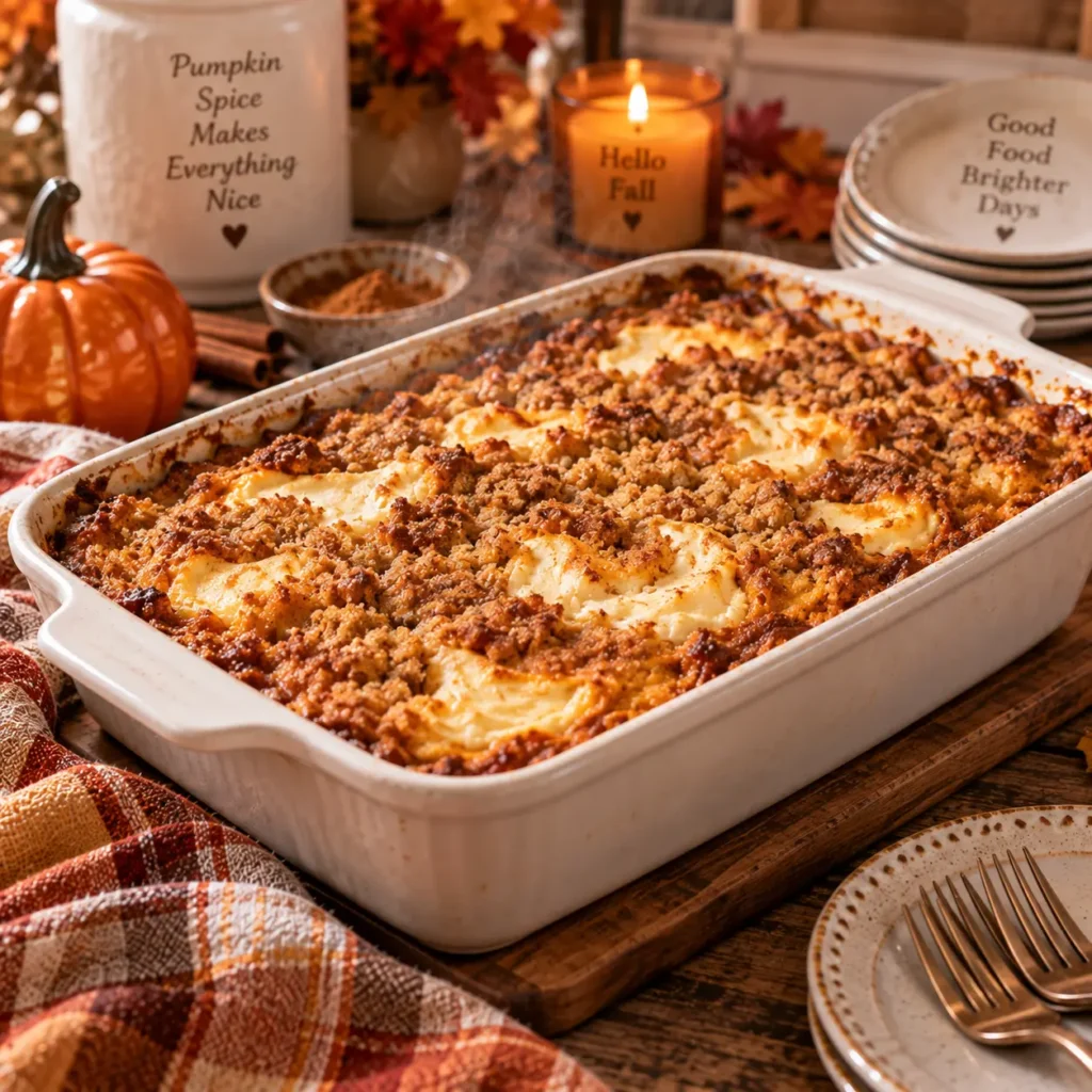Freshly baked pumpkin dump cake with crispy buttery crust in a baking dish 5-ingredient pumpkin dump cake
